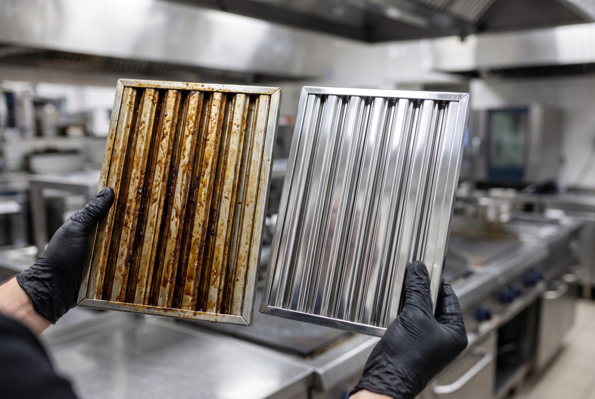 Grease-caked hood baffle filter next to a freshly cleaned one, held side by side