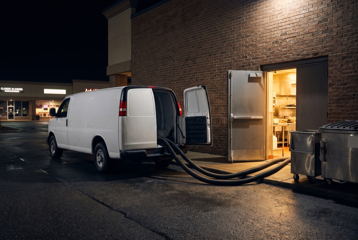 Hood cleaning service van at a restaurant back door at night in Carrollton, TX