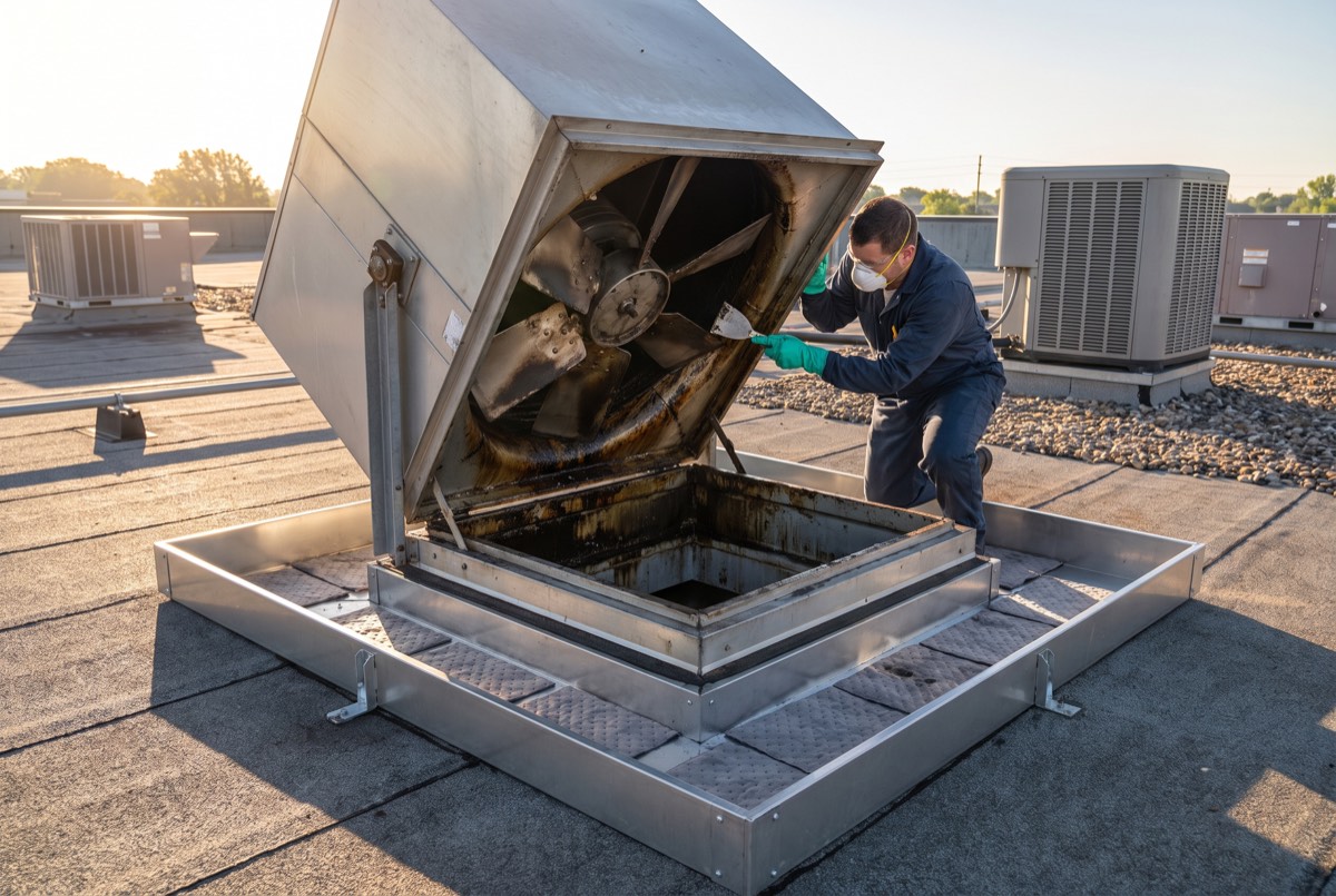 Rooftop kitchen exhaust fan opened for degreasing with containment, Carrollton TX