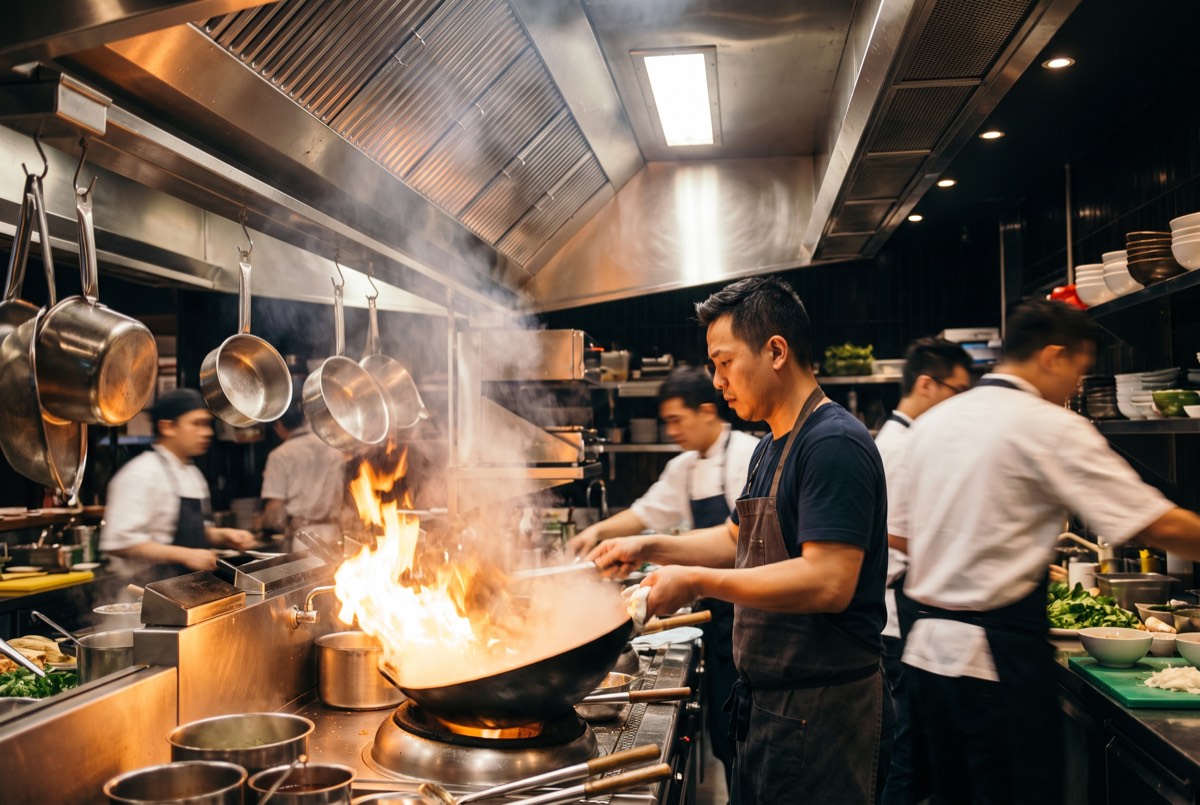 Busy wok line under a commercial exhaust hood in a Carrollton, TX restaurant kitchen